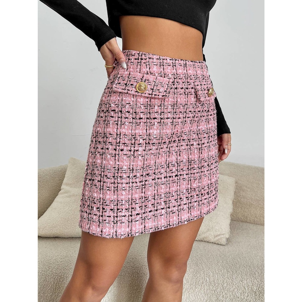 High Waist Plaid Tweed mini Skirt black - Picture 4 of 8